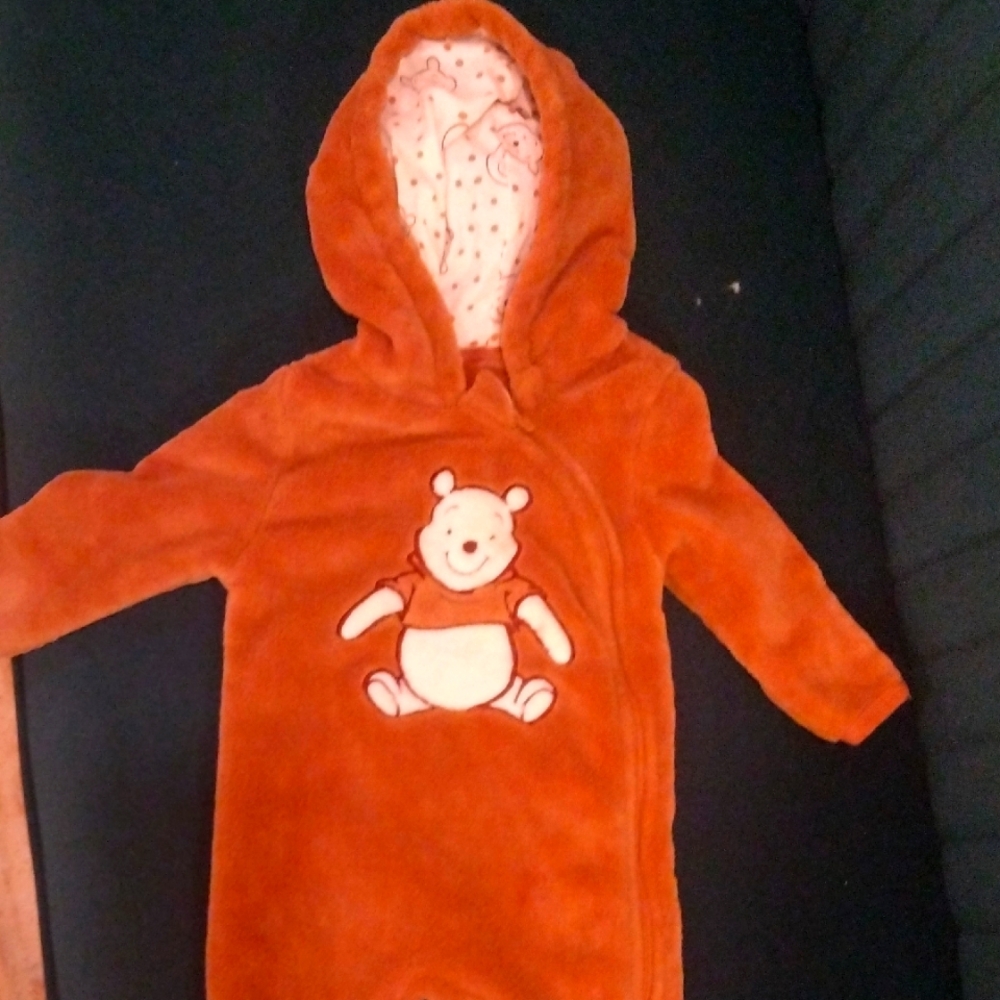 Orange Hooded Baby Onesie with Winnie The Pooh Design